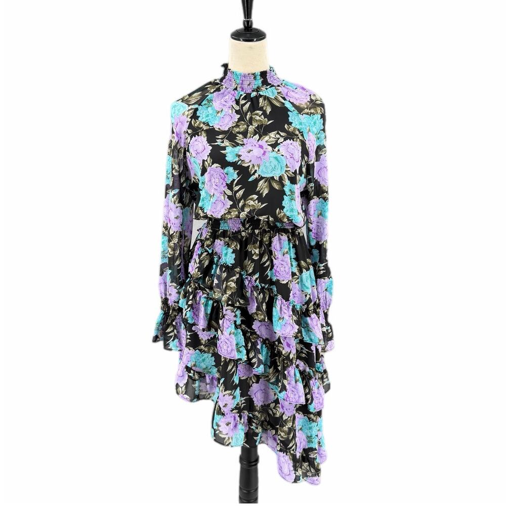 Lush NEW Black Blue Violet Floral Ruffle Smocked Boho Whimsical Chic Party Dress